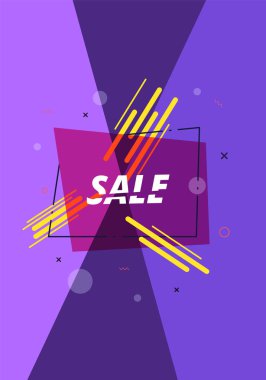 Geometrik soyut kompozisyon ile satış banner. Metin ile promosyon menekşe kartı. Vektör çizim.