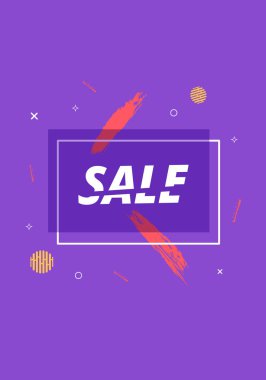 Geometrik soyut kompozisyon ile satış banner. Menekşe terfi kartı ile dilimlenmiş metin. Dikey afiş reklam tasarımı için. Vektör çizim.