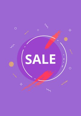 Yuvarlak şekil ve geometrik soyut kompozisyon ile satış banner. Metin ile promosyon kartı. Dikey afiş reklam tasarım ve sosyal medya için. Vektör çizim.