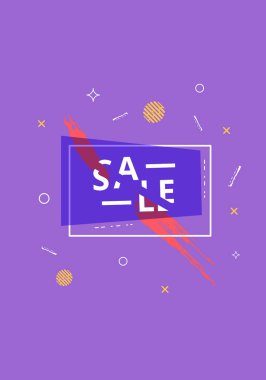 Geometrik soyut kompozisyon ile satış banner. Metin ile promosyon menekşe kartı. Dikey afiş reklam tasarım ve sosyal medya sonrası için. Vektör çizim.