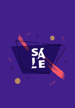 Geometrik soyut dekorasyon ile satış banner. Metin ile koyu tanıtım kartı. Dikey afiş reklam tasarımı için. Vektör çizim.