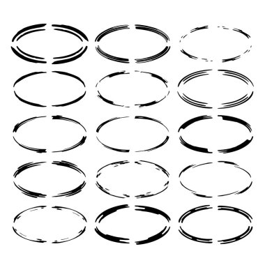 Siyah yuvarlak grunge çerçeve kümesi. Oval boş sınırları. Vektör çizim. 