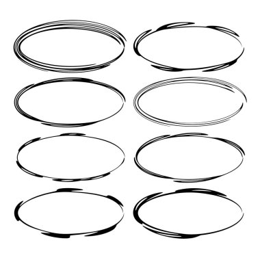 Siyah oval grunge çerçeve kümesi. Boş elips kenarlık. Vektör çizim. 
