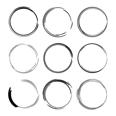 Yuvarlak grunge çerçeve kümesi. Siyah kenarlıklar topluluğu. Vektör çizim. 