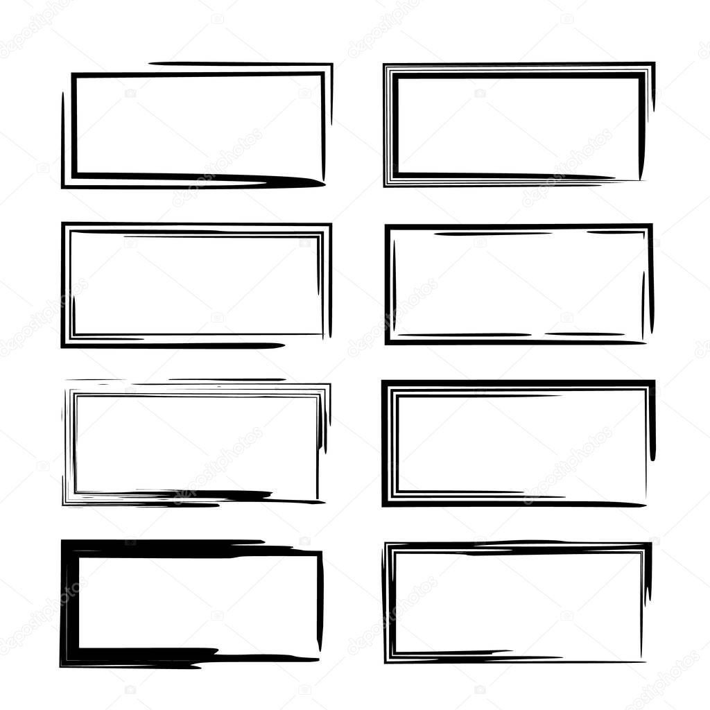 Set of black rectangle grunge frames. Geometric linear borders. Vector illustration. 