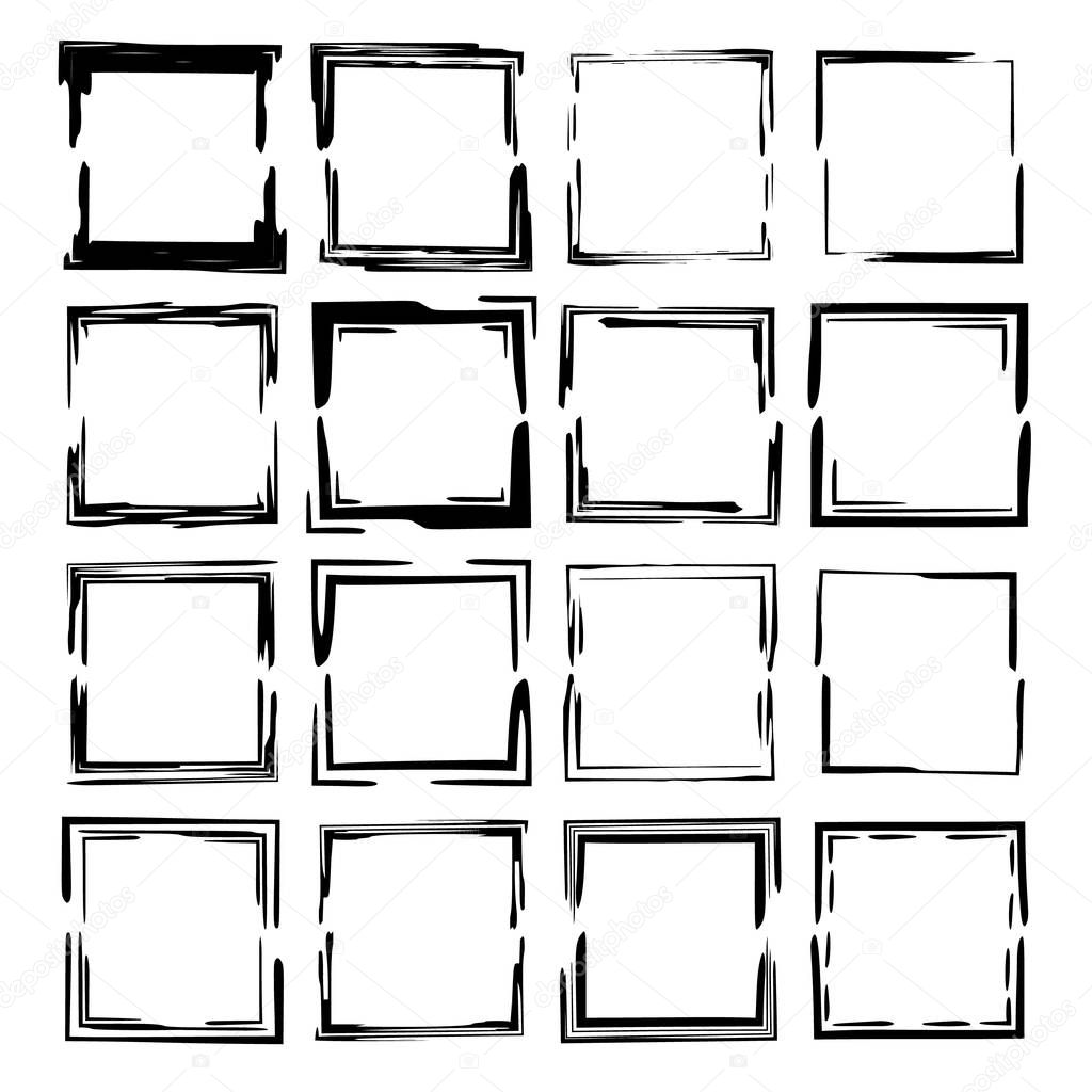 Set of black rectangle grunge frames. Geometric empty borders. Vector illustration. 