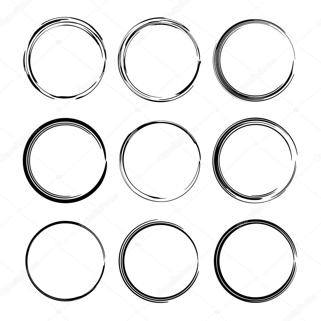 Set of black round grunge frames. Empty circle borders. Vector illustration. 