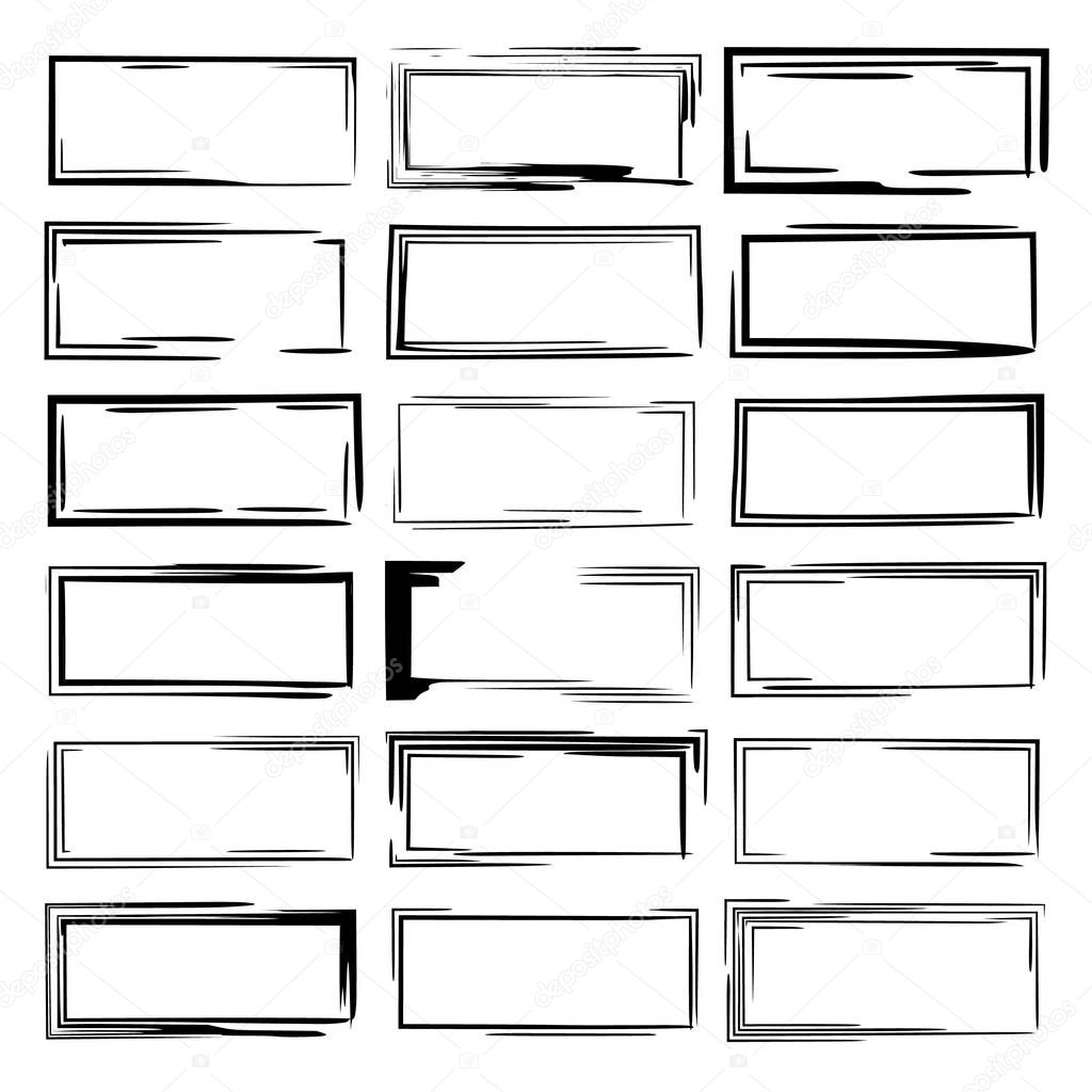 Set of black rectangle grunge frames. Collection of square borders. Vector illustration. 