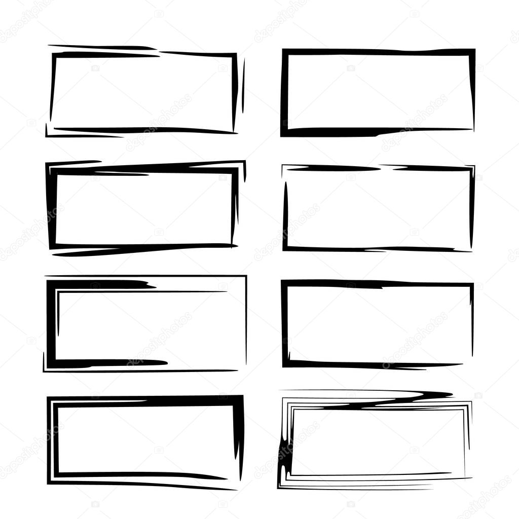 Set of black rectangle grunge frames. Geometric empty borders. Vector illustration. 