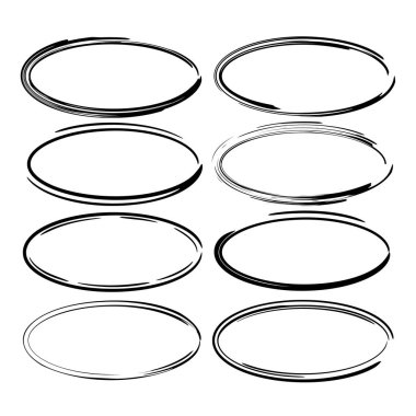 Siyah yuvarlak grunge çerçeve kümesi. Oval boş sınırları. Vektör çizim. 