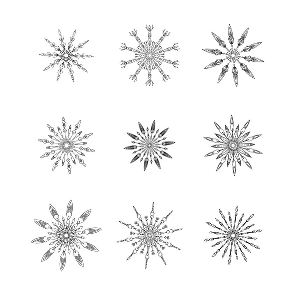 Sneeuwvlokken Collectie Geïsoleerd Een Witte Achtergrond Het Aantal Decoratieve Elementen — Stockvector