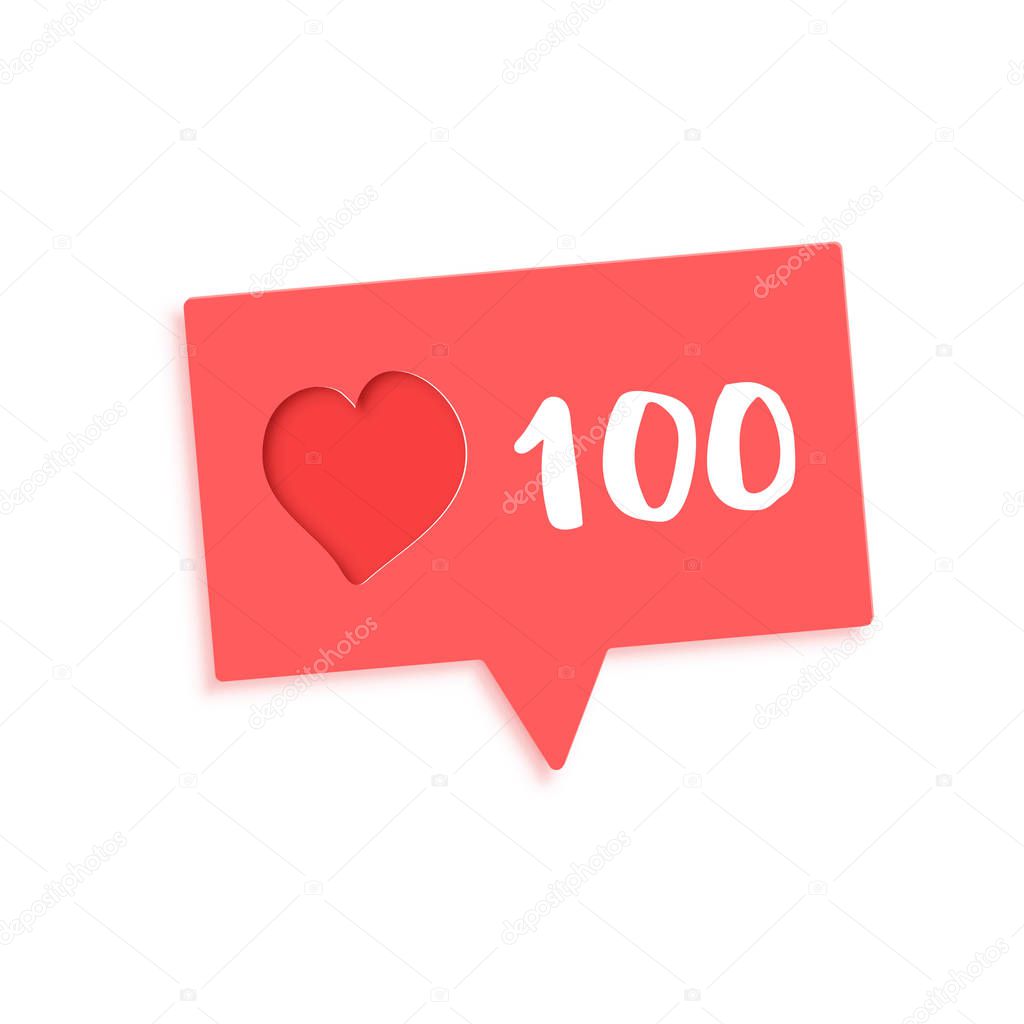 100 likes  banner with speech bubble and heart shape. Celebration card for social networks. Template for social media post. Vector illustration.