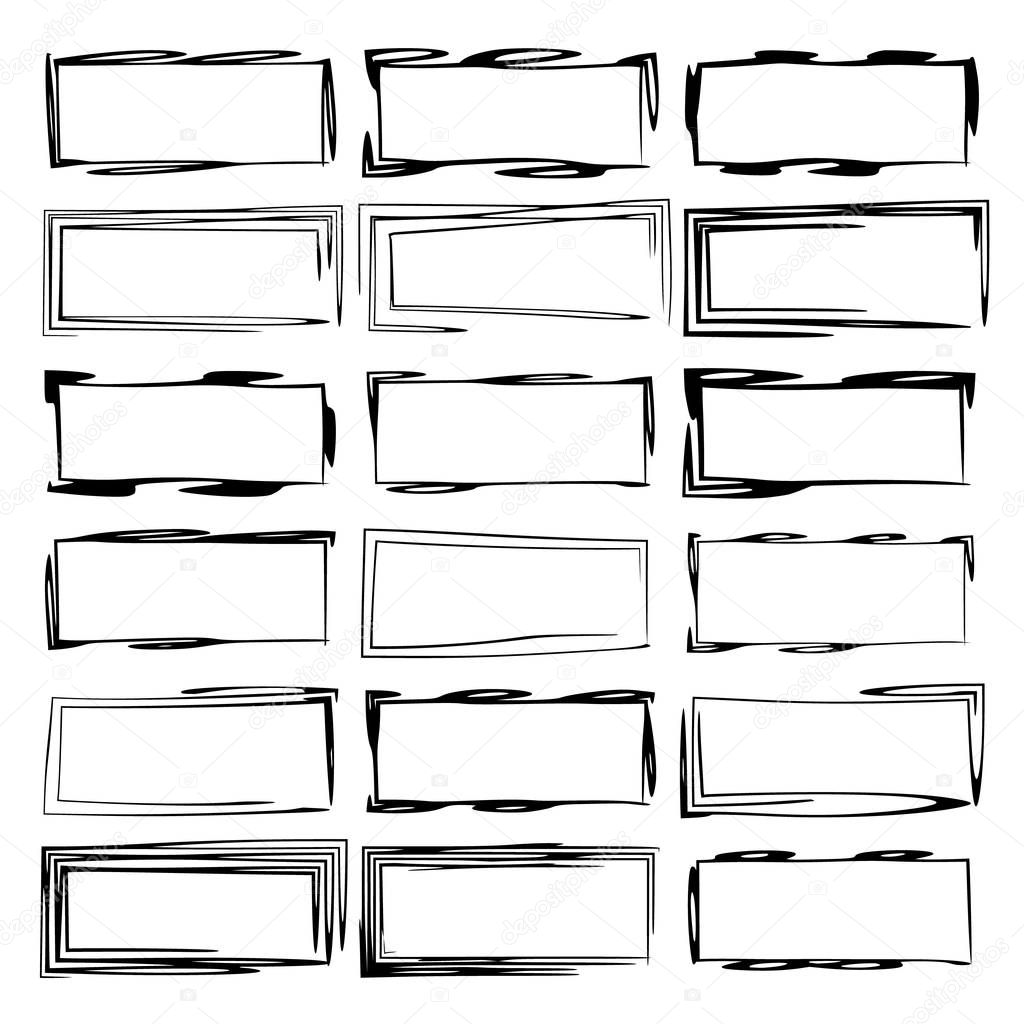 Set of black rectangle grunge frames. Geometric linear empty borders. Vector illustration. 