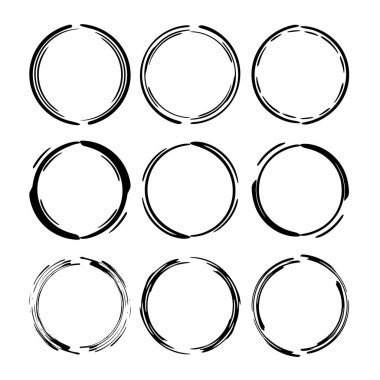 Yuvarlak grunge çerçeve kümesi. Boş circlular sınırlar. Vektör çizim. 