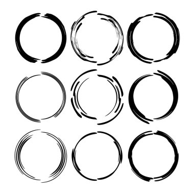 Siyah yuvarlak grunge çerçeve kümesi. Daire sınırları. Vektör çizim. 