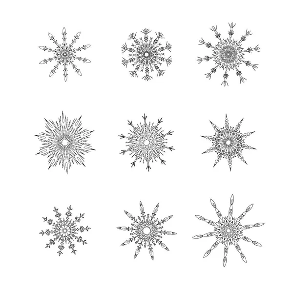 Het Aantal Decoratieve Elementen Sneeuwvlokken Collectie Geïsoleerd Een Witte Achtergrond — Stockvector