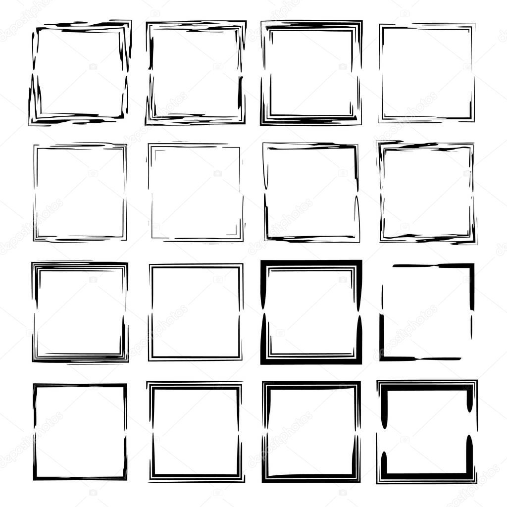 Set of black rectangle grunge frames. Geometric empty borders. Vector illustration. 