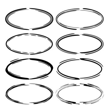Siyah elips grunge çerçeve kümesi. Oval boş sınırları. Vektör çizim. 