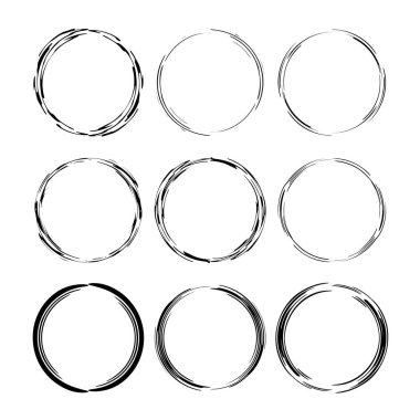 Siyah yuvarlak grunge çerçeve kümesi. Boş daire sınırları. Vektör çizim. 