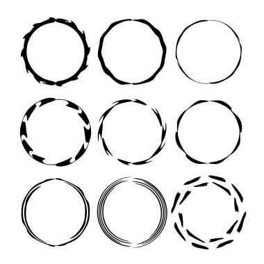 Siyah yuvarlak grunge çerçeve kümesi. Kit sınırlarının. Vektör çizim. 