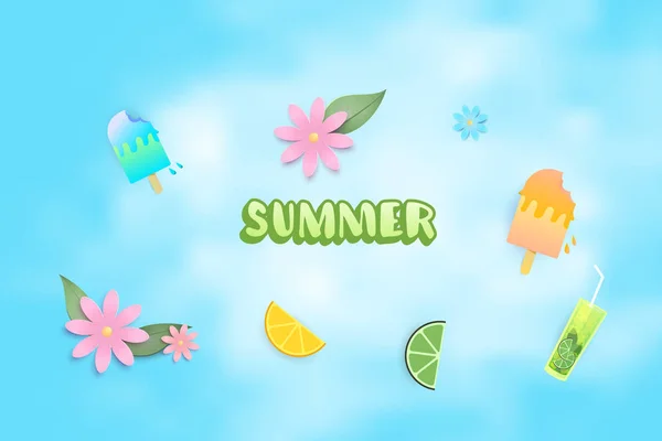 Sommer Clip Art Set Handgeschriebene Schriftzüge Mit Eis Getränken Blumen — Stockvektor