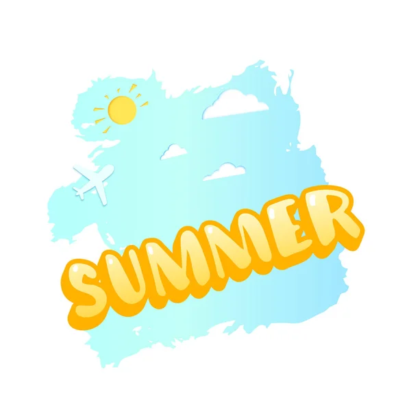 夏季贴纸 Papercut 云彩和飞机 手写字体 矢量插图 — 图库矢量图片