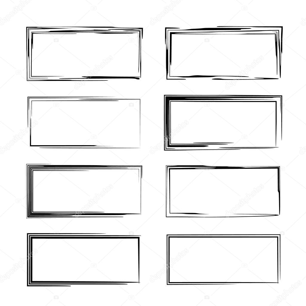 Set of black rectangle grunge frames. Geometric empty borders. Vector illustration. 