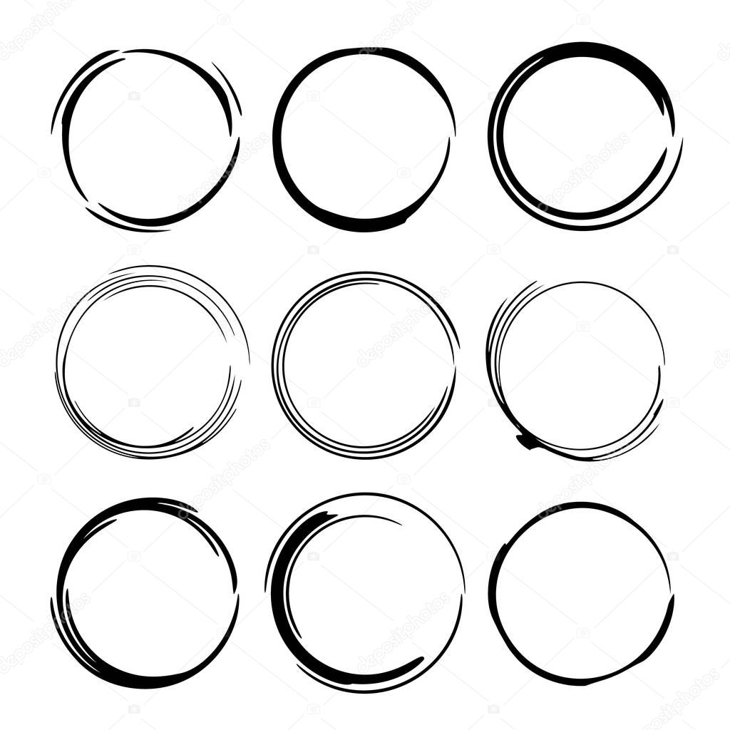 Set of black round grunge frames. Kit of  borders.  Vector illustration. 