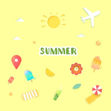 Yaz küçük resim ayarlayın. Güneş, bulutlar, uçak, dondurma ve izole diğer yaz öğeleri el ile yazılmış yazı. Vektör çizim.