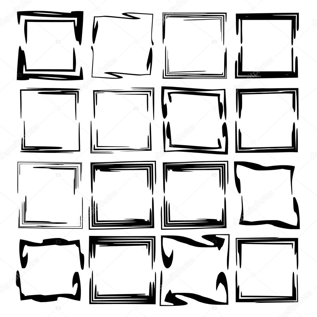 Collection of black rectangle grunge frames. Geometric empty borders. Square frame. Vector illustration. 