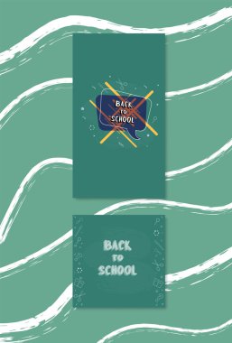 Okula geri yeşil chalkboards kümesiyle afiş. Sezon tanıtım kartları ve sosyal medya ağları için şablonlar. Eğitim kapsar. Hikaye ve dekorasyonu ile post için şablonlar. Vektör çizim. 