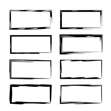 Dikdörtgen grunge çerçeve kümesi. Boş sınırları topluluğu. Grafik tasarım şablonu. Vektör çizim. 