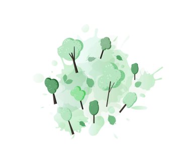 Ağaçlar kompozisyon suluboya sıçrama ile. Düz yeşil ağaçlar ve dekorasyon tasarım ile bırakır. Kartı, afiş, sosyal medya ağı için öğeleri. Vektör çizim.