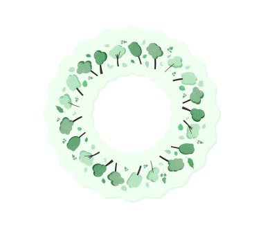 Ağaçlar kompozisyon arka plan yuvarlak. Düz yeşil ağaçlar ve çelenk tasarım bırakır. Kartı, afiş, sosyal medya ağı için şablon. Vektör çizim.