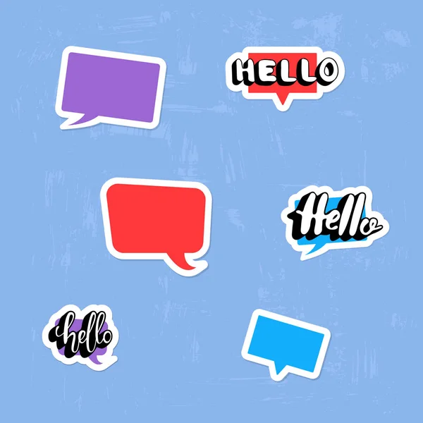 Set Hello Lege Spraak Bubbels Stickers Een Gestructureerde Achtergrond Hallo — Stockvector