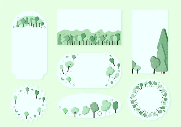 Conjunto Árboles Pegatinas Composición Fondo Planos Árboles Verdes Hojas Con — Vector de stock