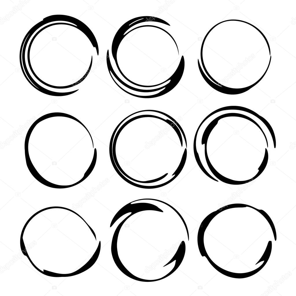 Set of black round empy grunge frames isolated on white background.  Vector illustration. 