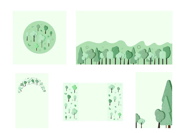 Набор Значков Композиции Деревьев Плоские Зеленые Деревья Листья Наклейки Оформлением — стоковый вектор