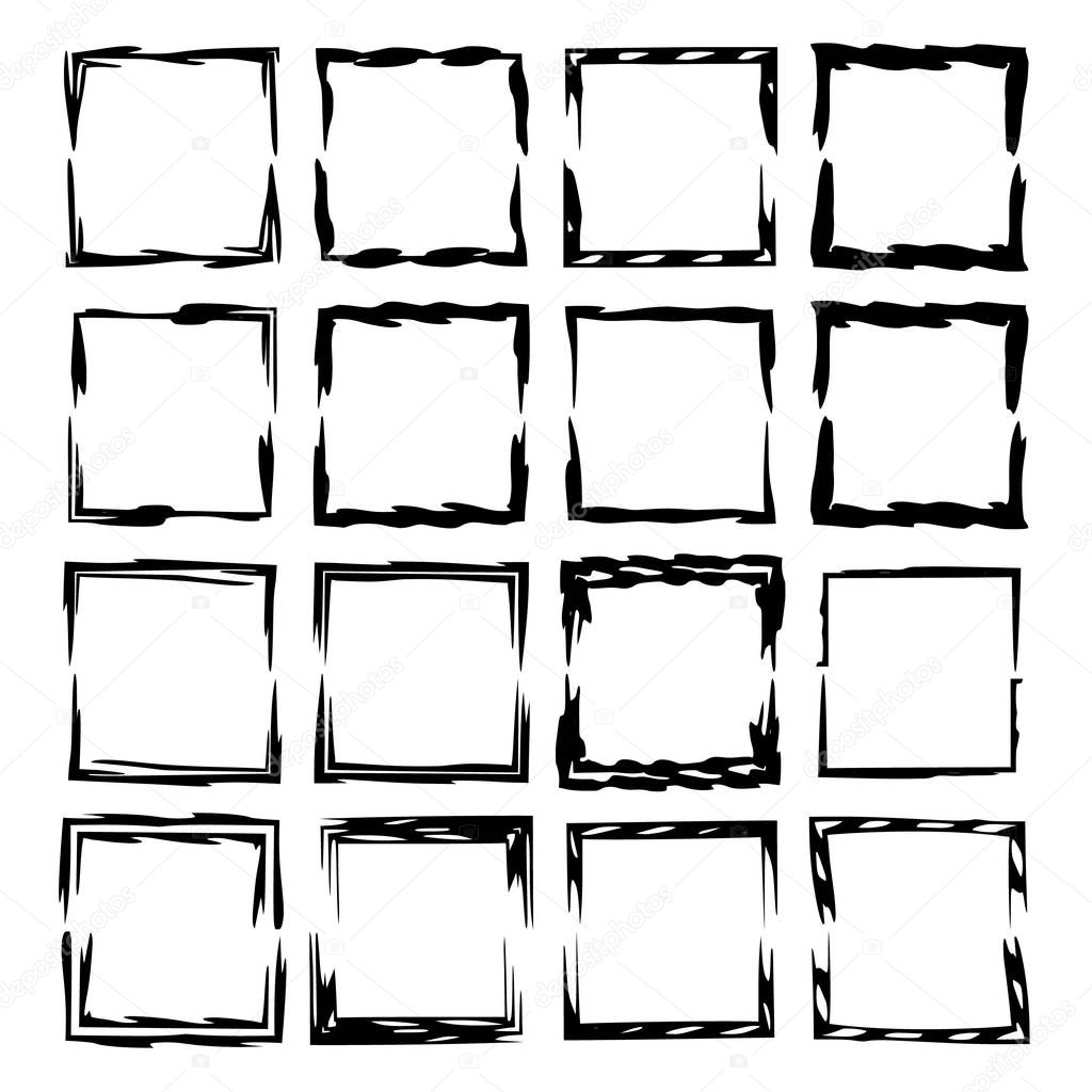 Black square grunge frames. Set of geometric empty borders.  Vector illustration. 
