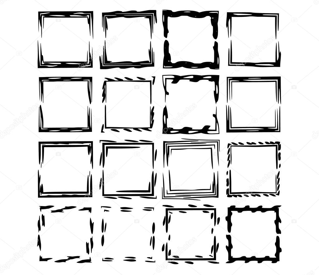 Set of black square grunge frames. Collection of geometric empty borders.  Vector illustration. 