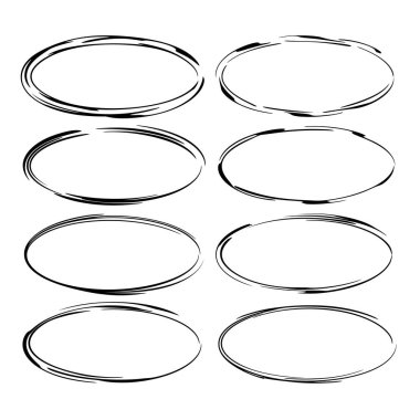 Siyah grunge çerçeve kümesi. Oval süsleme bordes koleksiyonu izole. Grafik tasarım öğeleri. Vektör çizim.