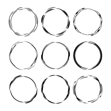 Dekoratif yuvarlak grunge çerçeve kümesi. Beyaz arka plan üzerinde izole boş dekoratif sınırları. Vektör çizim. 