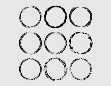 Yuvarlak grunge çerçeve kümesi. Boş circlular sınırları izole. Vektör çizim. 