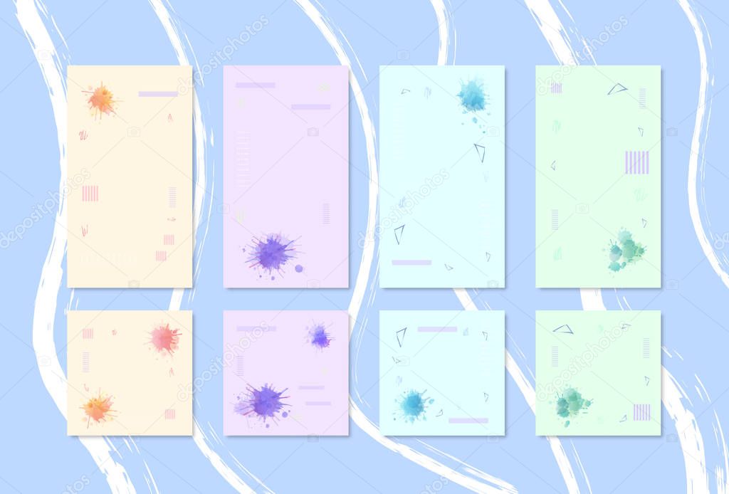 Set of pastel backgrounds for social media. Templates for story and post with watercolor elements. Cards with empty space for text. Collection of square and vertical banners. Vector illustration.