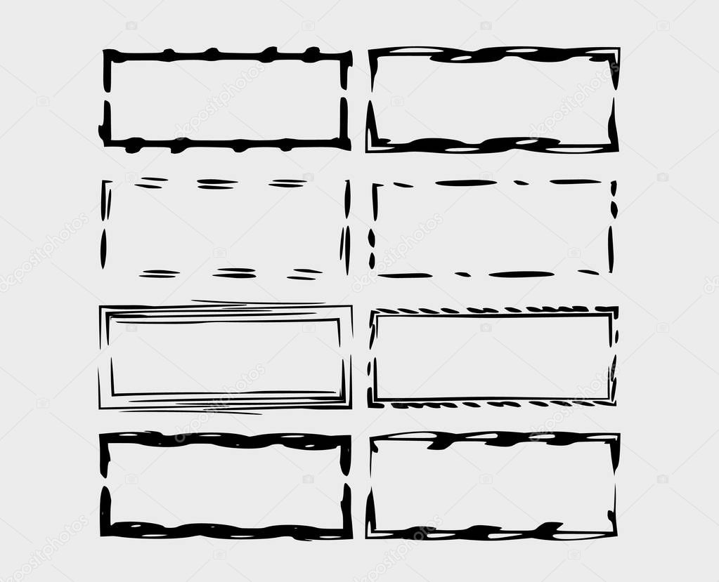 Set of rectangle grunge frames. Geometric linear empty borders. Template for graphic design. Vector illustration. 