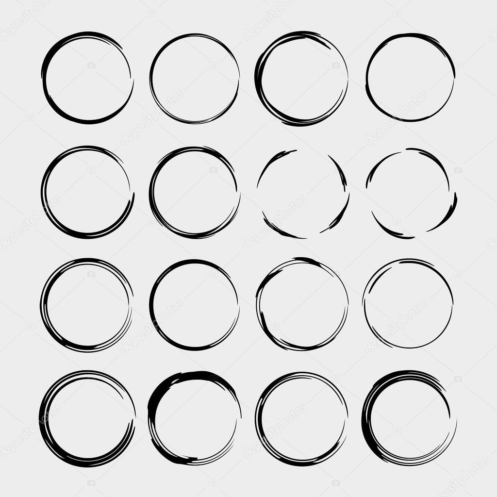Set of round grunge frames. Empty circlular borders isolated. Vector illustration. 