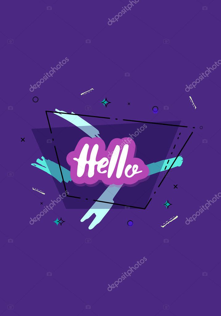Hello word. Lettering with trapezium geometric composition. Hello quote for banner, poster, social media networks. Vector illustration.