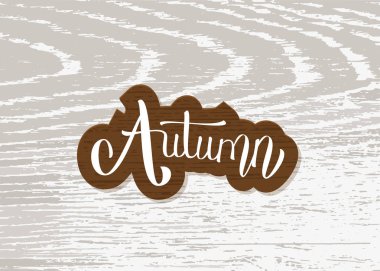 Sonbahar alıntı etiket. Ahşap doku arka plan üzerinde el ile yazılmış yazı. Sezon tasarım şablonu. Vektör çizim.