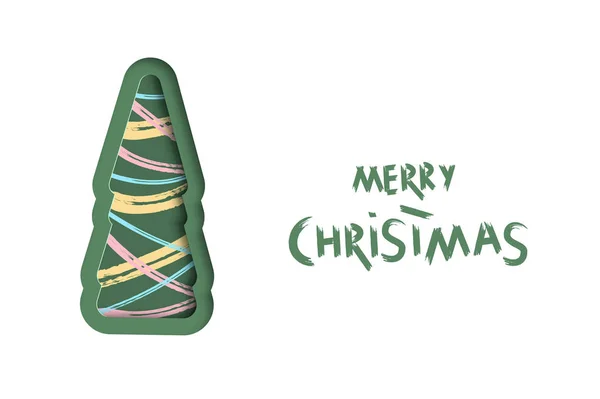 Frohe Weihnachten Pinsel Handgeschriebenen Schriftzug Mit Papiergeschnittenen Entkoteten Baum Kreativer — Stockvektor