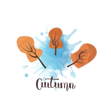Sonbahar şablonu. Sulu boya doku ve ağaçların dekorasyon ile yazı el yazısı. Sezon tasarım öğeleri. Vektör çizim.